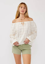 Load image into Gallery viewer, Embroidered Spaghetti Tie Off-Shoulder Plaid Top : White/Taupe / M