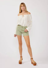 Load image into Gallery viewer, Embroidered Spaghetti Tie Off-Shoulder Plaid Top : White/Taupe / L