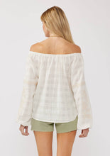 Load image into Gallery viewer, Embroidered Spaghetti Tie Off-Shoulder Plaid Top : White/Taupe / S