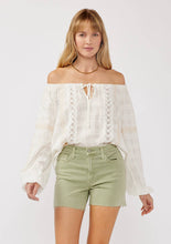 Load image into Gallery viewer, Embroidered Spaghetti Tie Off-Shoulder Plaid Top : White/Taupe / S