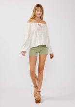 Load image into Gallery viewer, Embroidered Spaghetti Tie Off-Shoulder Plaid Top : White/Taupe / L