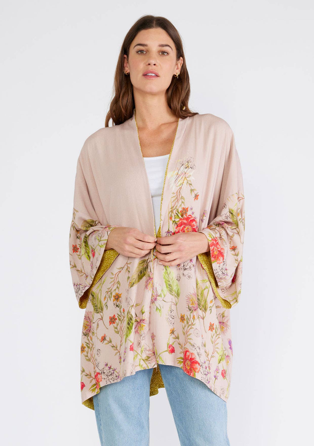 Pink Reversible Floral Print Kimono Cover Up: Rose/Green / One Size