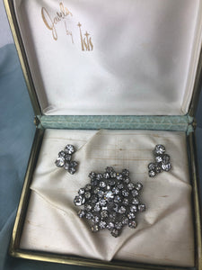 Earrings Vintage Rhinestone with matching brooch/ clip